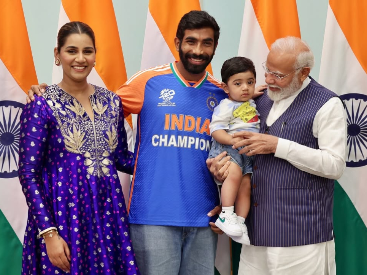 Jasprit Bumrah with wife Sanjana and son Angad
