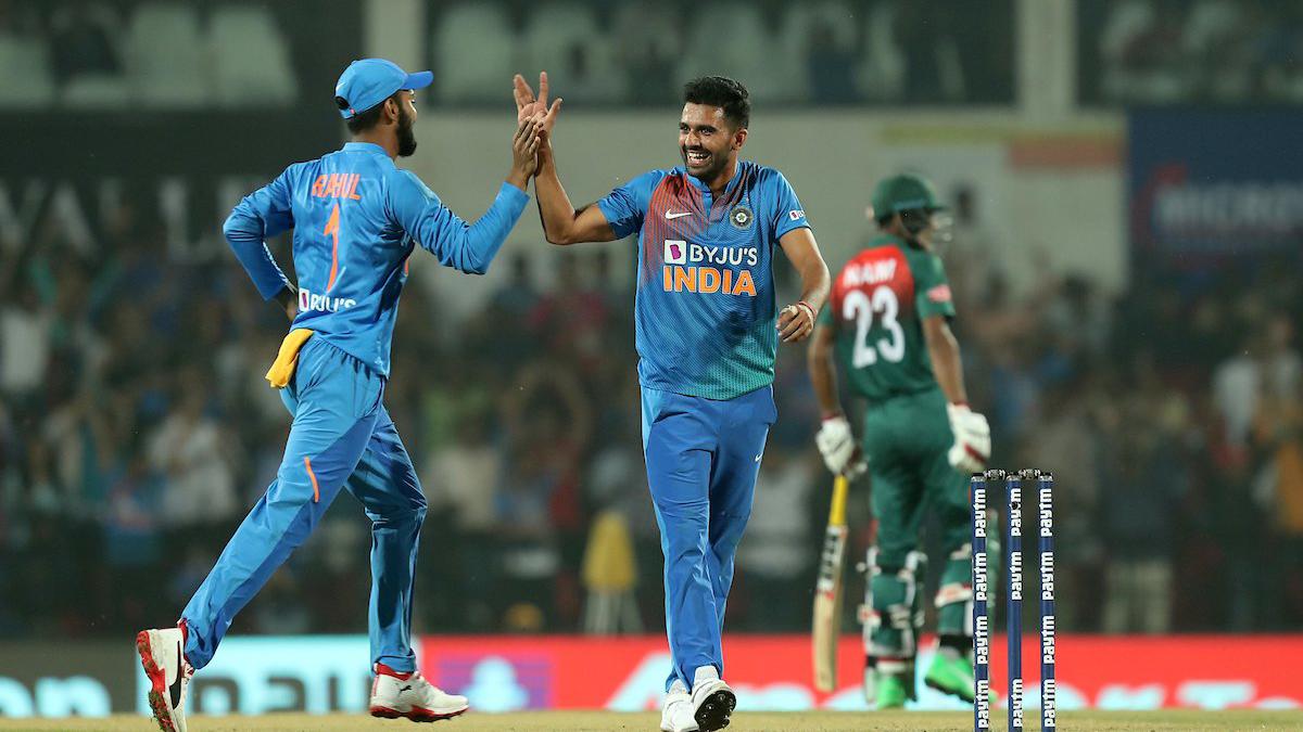 Image: Deepak Chahar celebrating with his teammates after taking a wicket