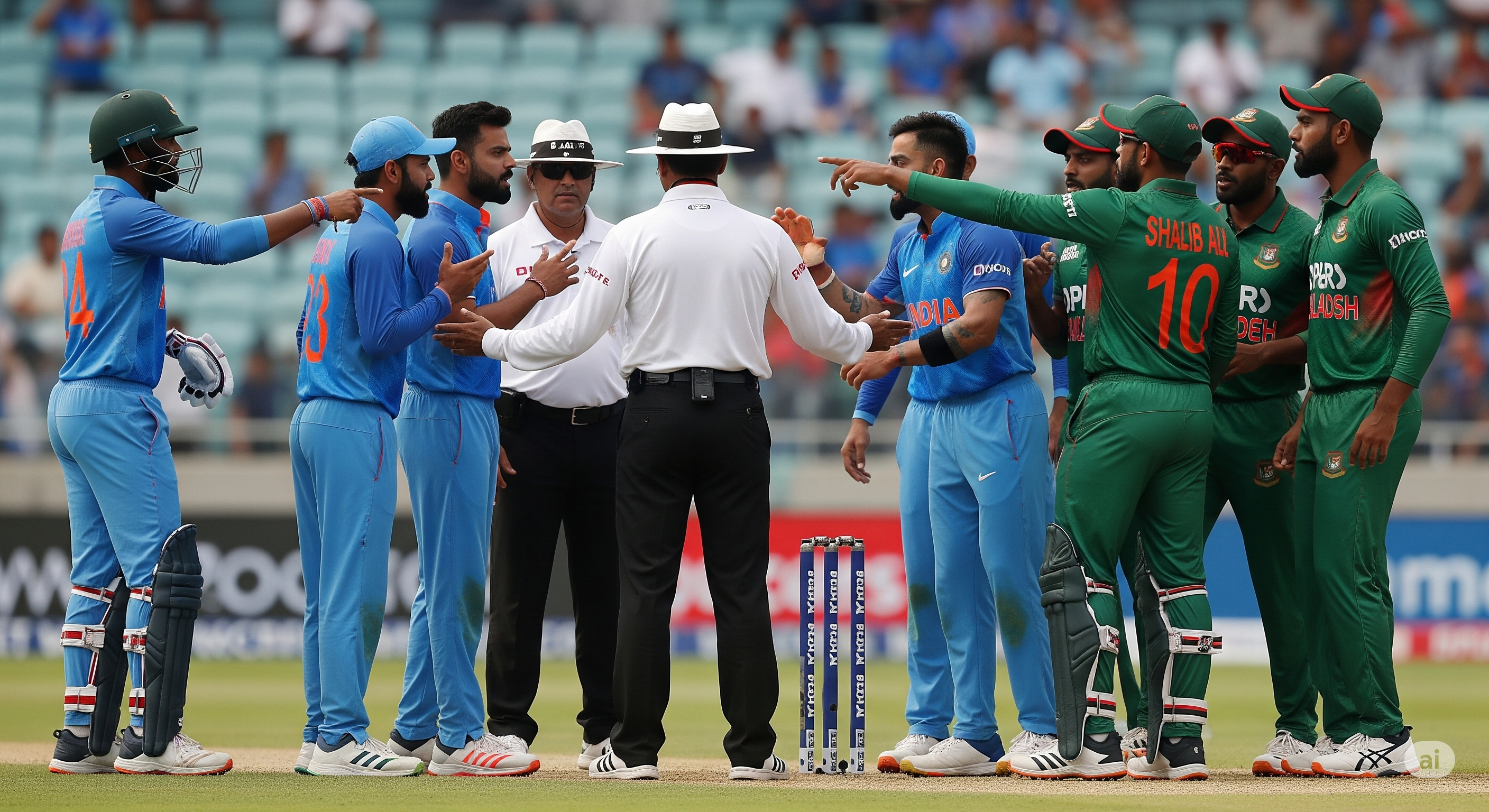 Image: A tense moment showing players from both teams in a heated discussion with the umpire