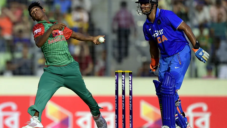 Image: Mustafizur Rahman in his bowling action with a graphic showing his devastating figures