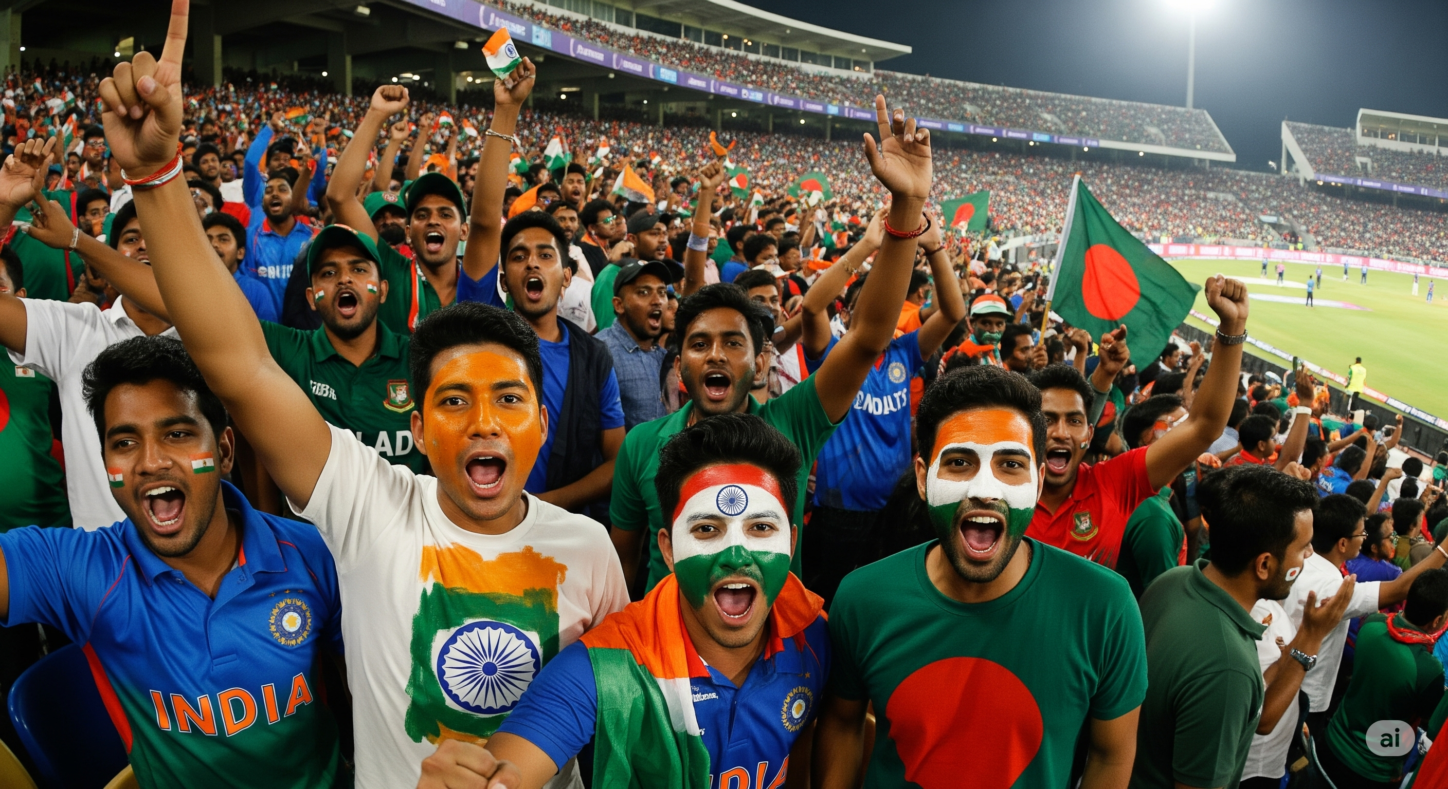 Image: Fans from both countries with painted faces cheering in the stadium