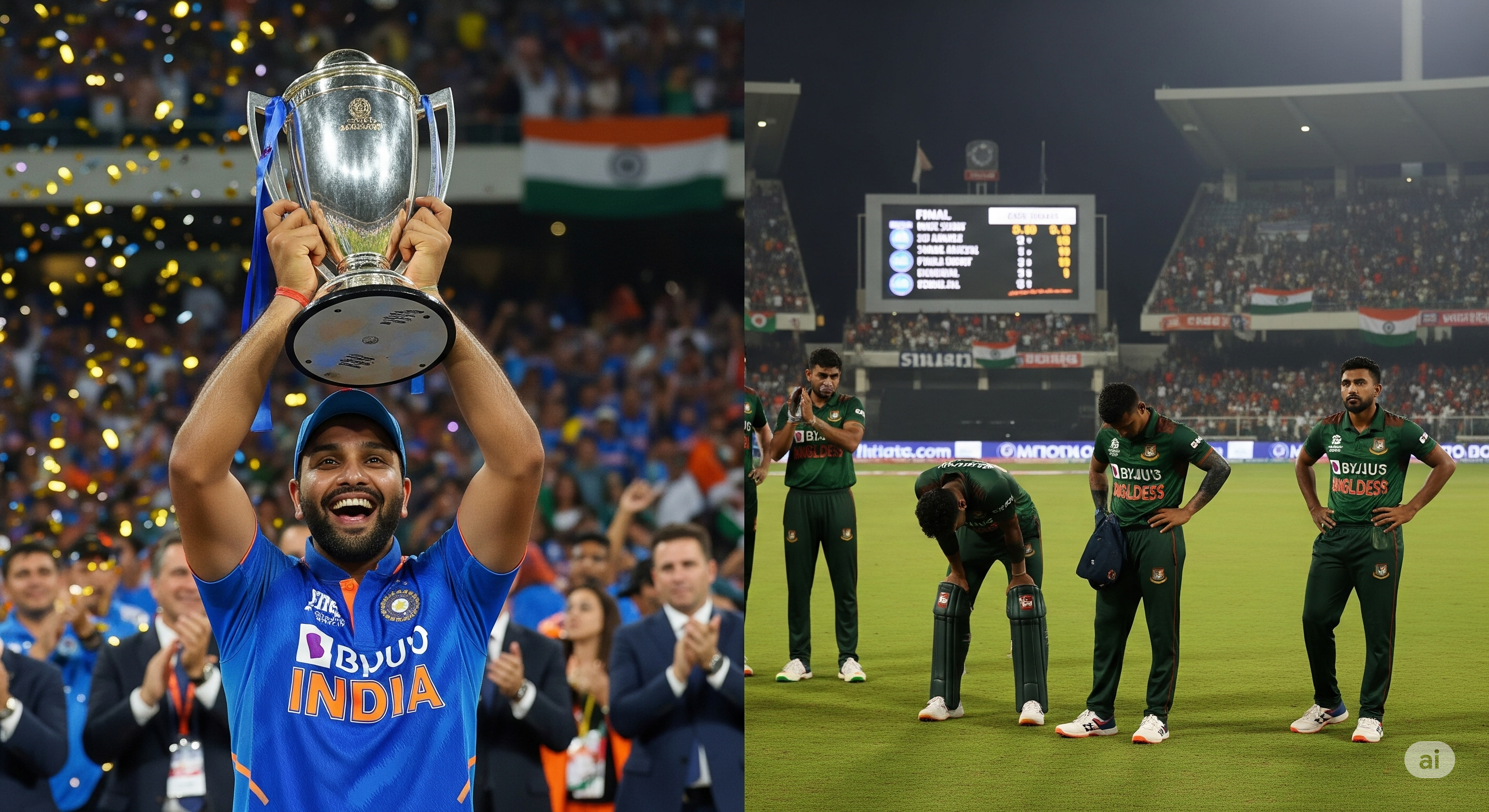 Image: Split screen showing Indian captain holding a trophy vs Bangladeshi players looking dejected