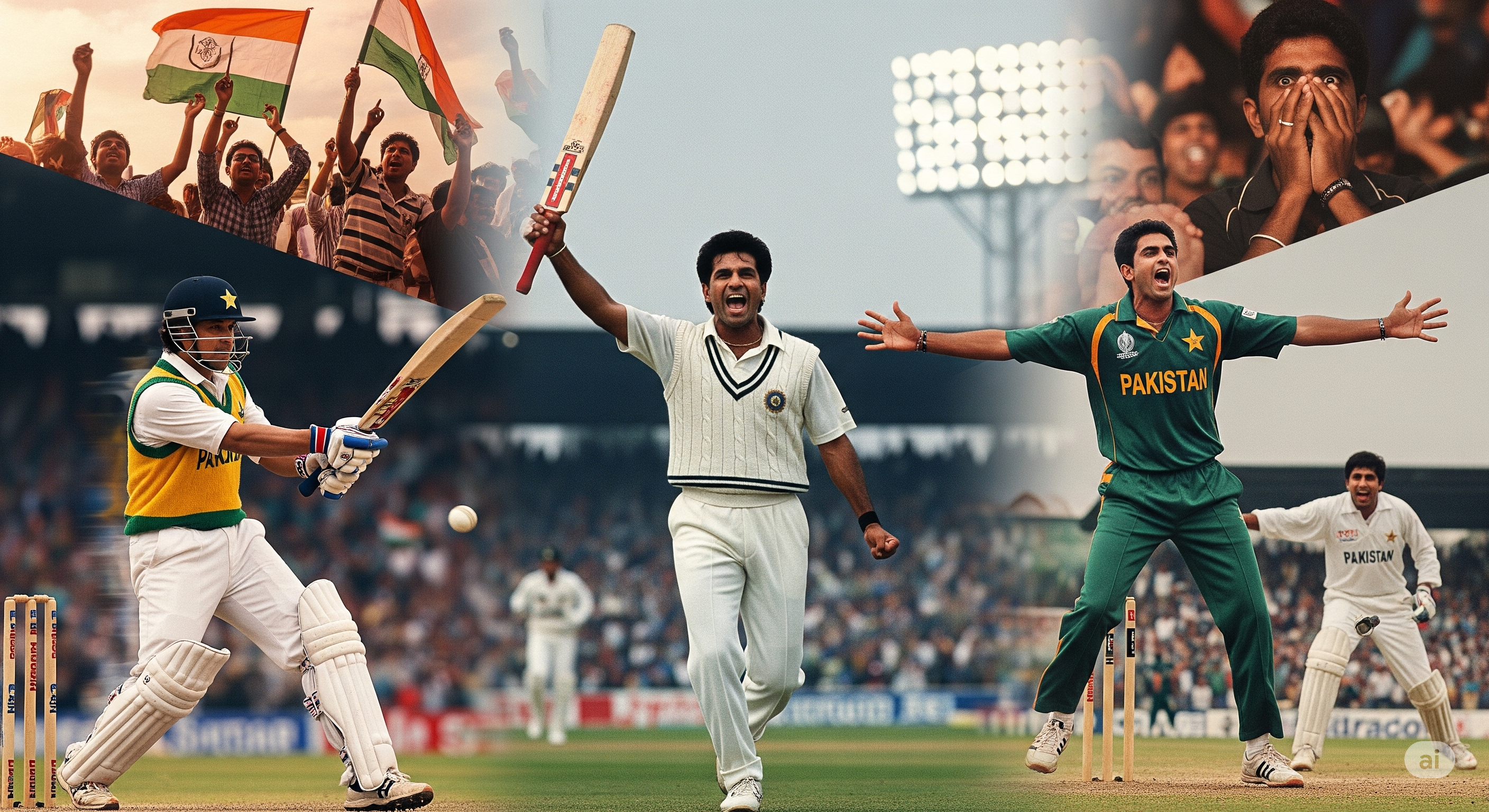 Image: Montage of iconic moments from India-Pakistan cricket matches with dramatic crowd reactions
