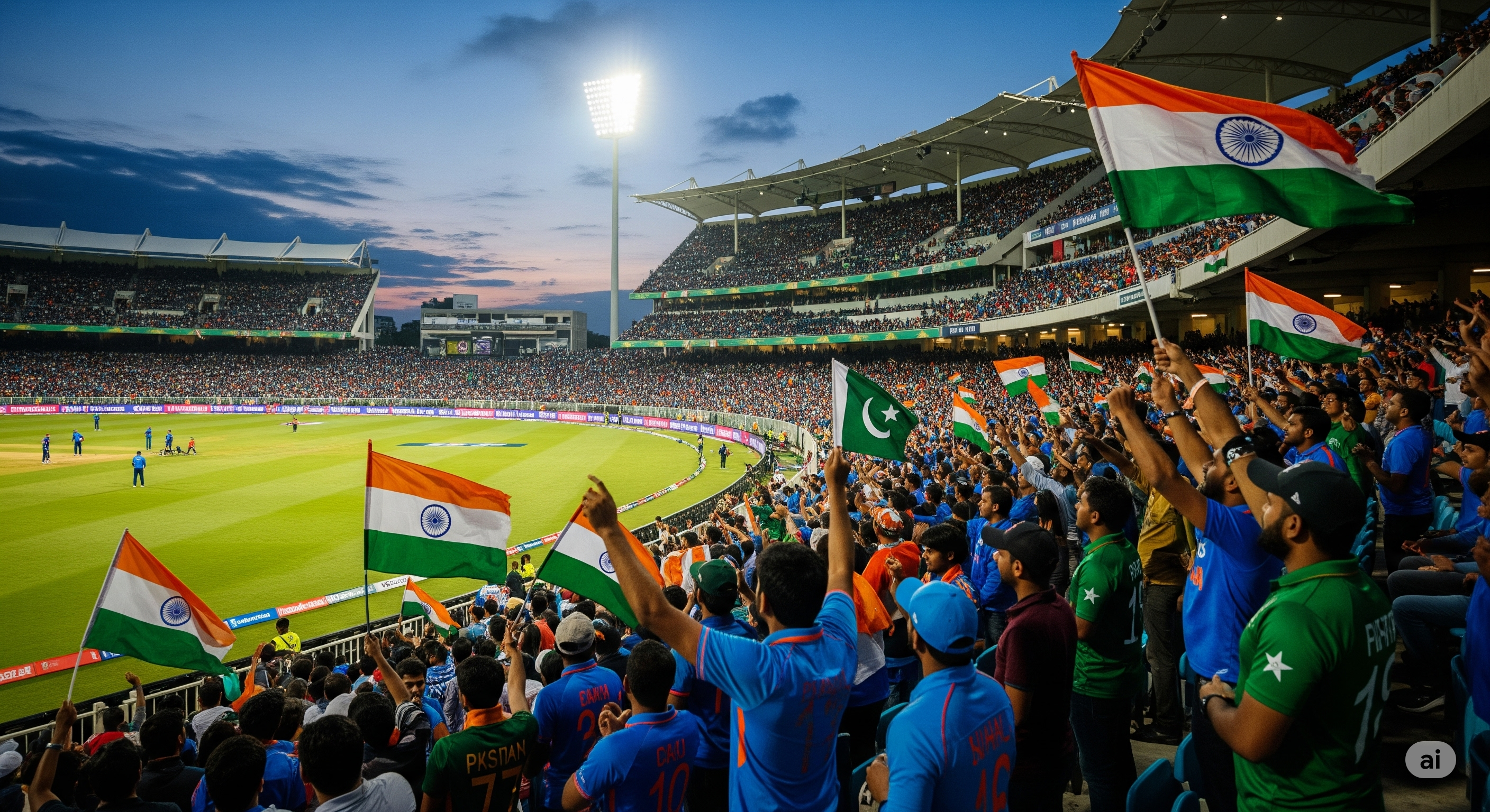 Image: Packed cricket stadium with Indian and Pakistani flags waving in the crowd during a match