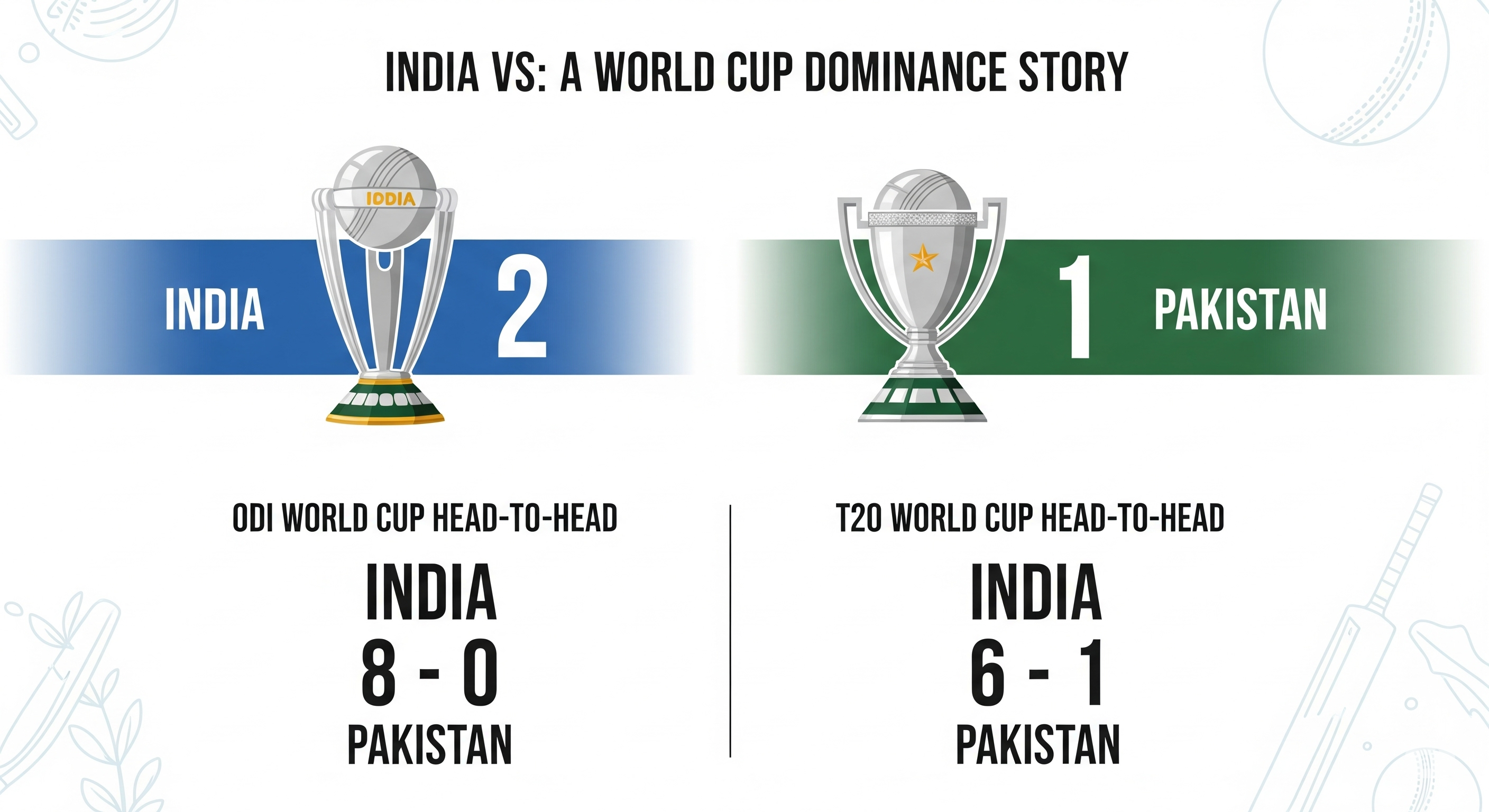 Image: Infographic showing India's World Cup dominance over Pakistan with trophy icons and statistics