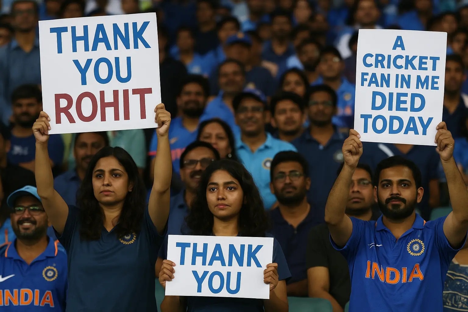 Fans holding banners thanking Kohli and Rohit