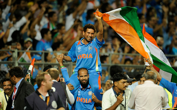 Sachin celebrating the 2011 World Cup win